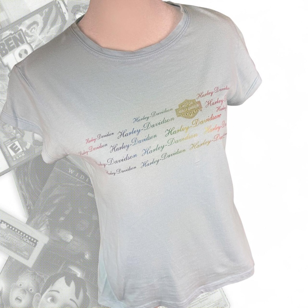 Vintage Harley Davidson Y2K Baby Blue Rainbow Graphic Baby Doll Tee Florida